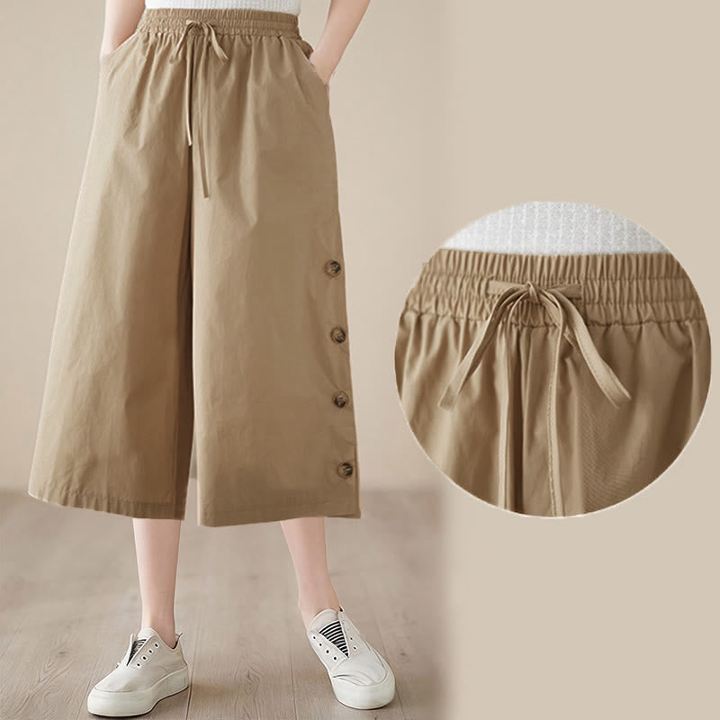 Nimara Ritual Plain Buttoned Side Design Capri Cropped Women's Wide Leg Pants With Pockets