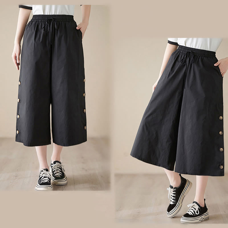Nimara Ritual Plain Buttoned Side Design Capri Cropped Women's Wide Leg Pants With Pockets