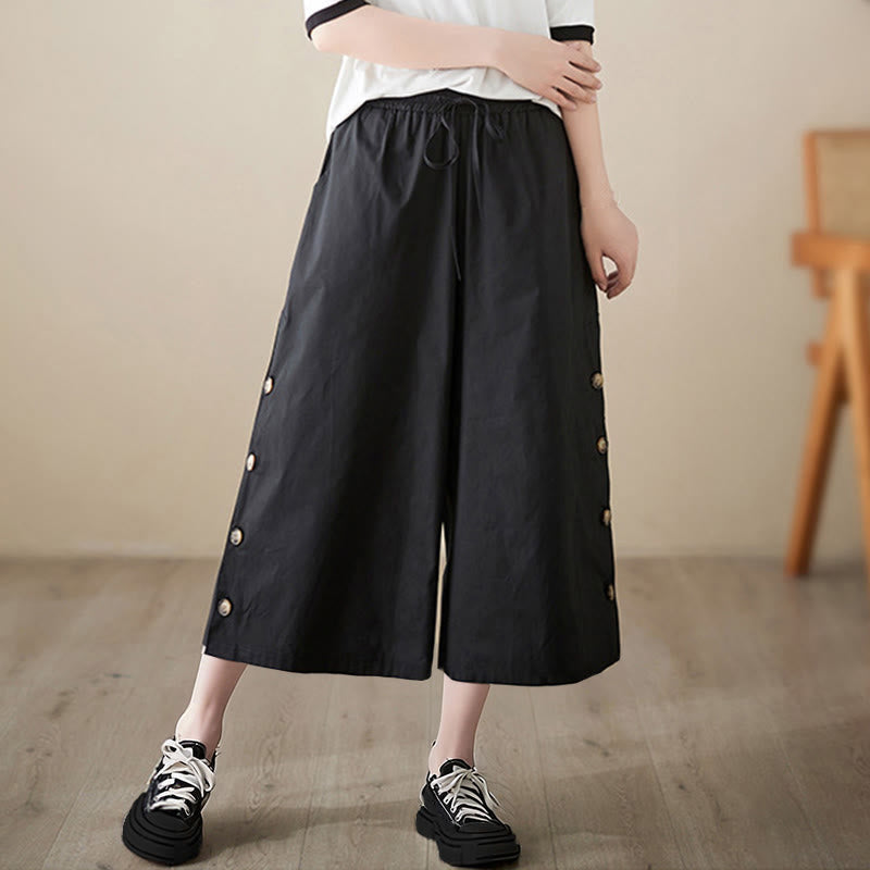 Nimara Ritual Plain Buttoned Side Design Capri Cropped Women's Wide Leg Pants With Pockets