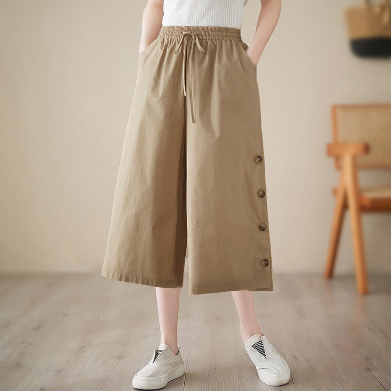 Nimara Ritual Plain Buttoned Side Design Capri Cropped Women's Wide Leg Pants With Pockets