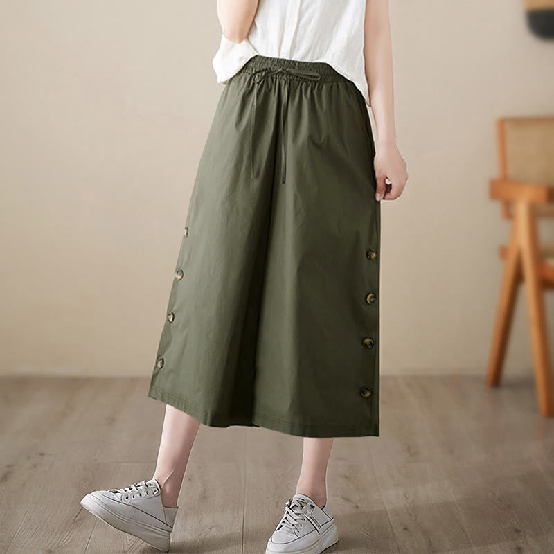 Nimara Ritual Plain Buttoned Side Design Capri Cropped Women's Wide Leg Pants With Pockets