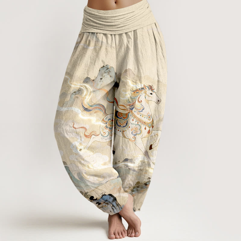 Nimara Ritual Cotton Gorgeous Mountain Horse Cloud Pattern Women's Elastic Waist Harem Pants