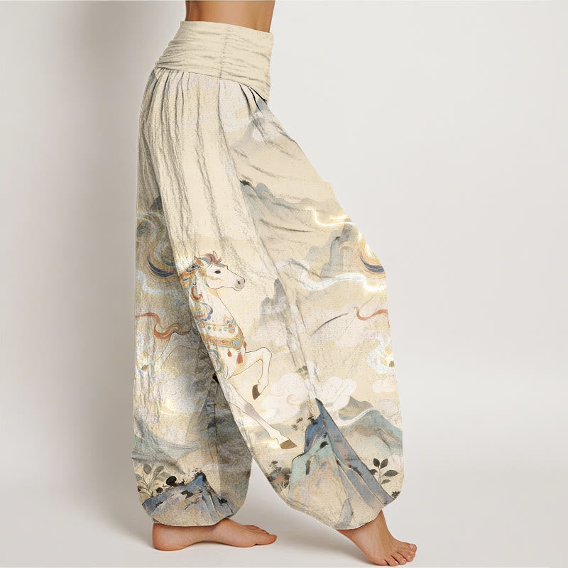 Nimara Ritual Cotton Gorgeous Mountain Horse Cloud Pattern Women's Elastic Waist Harem Pants