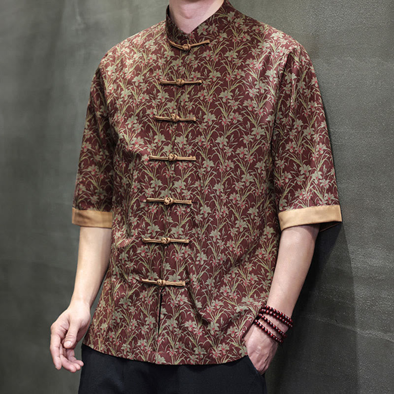 Nimara Ritual Summer Colorful Floral Leaves Pattern Short Sleeve Frog-button Design Men's Cotton Shirt