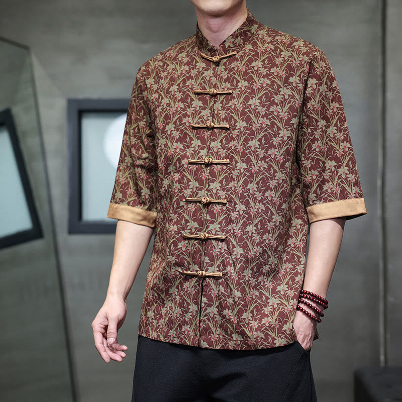 Nimara Ritual Summer Colorful Floral Leaves Pattern Short Sleeve Frog-button Design Men's Cotton Shirt