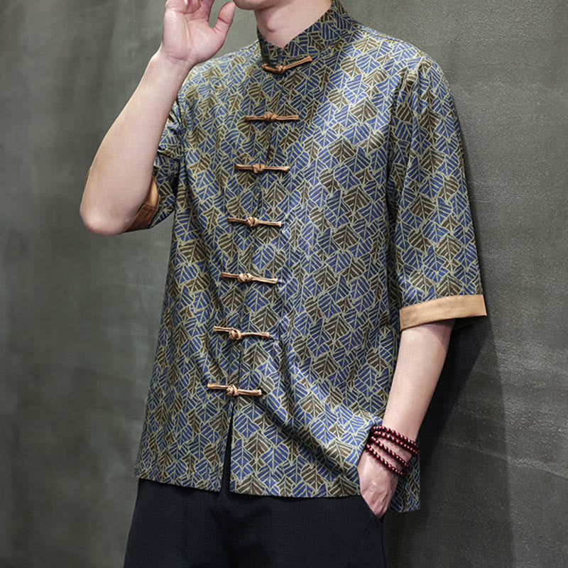 Nimara Ritual Summer Colorful Floral Leaves Pattern Short Sleeve Frog-button Design Men's Cotton Shirt