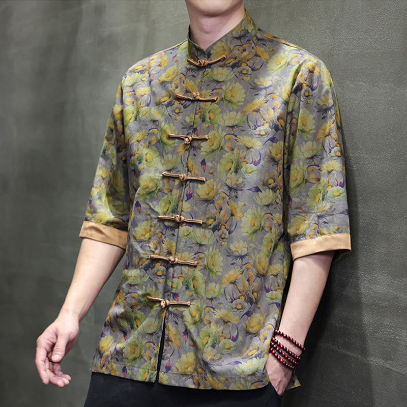 Nimara Ritual Summer Colorful Floral Leaves Pattern Short Sleeve Frog-button Design Men's Cotton Shirt