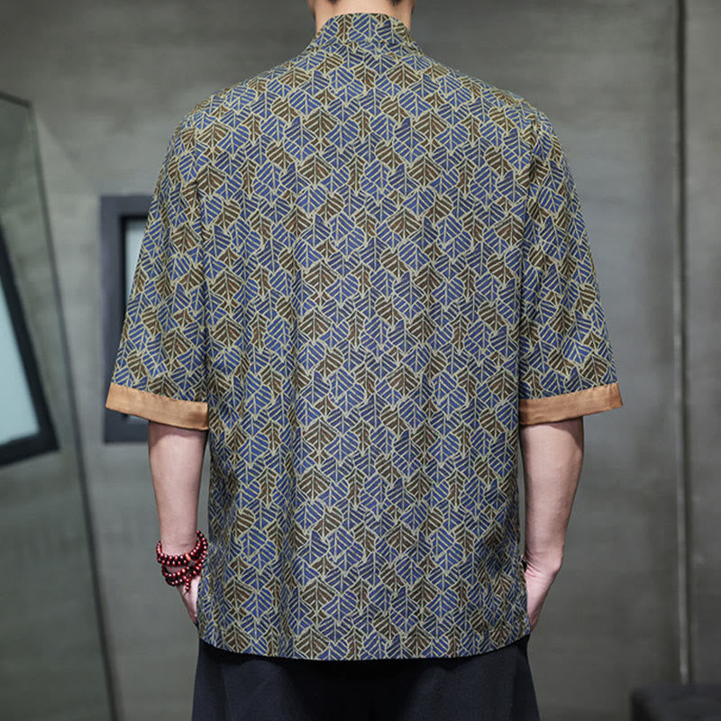 Nimara Ritual Summer Colorful Floral Leaves Pattern Short Sleeve Frog-button Design Men's Cotton Shirt