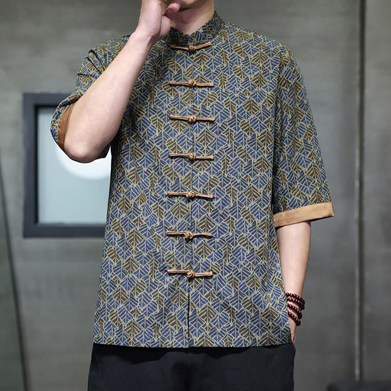 Nimara Ritual Summer Colorful Floral Leaves Pattern Short Sleeve Frog-button Design Men's Cotton Shirt