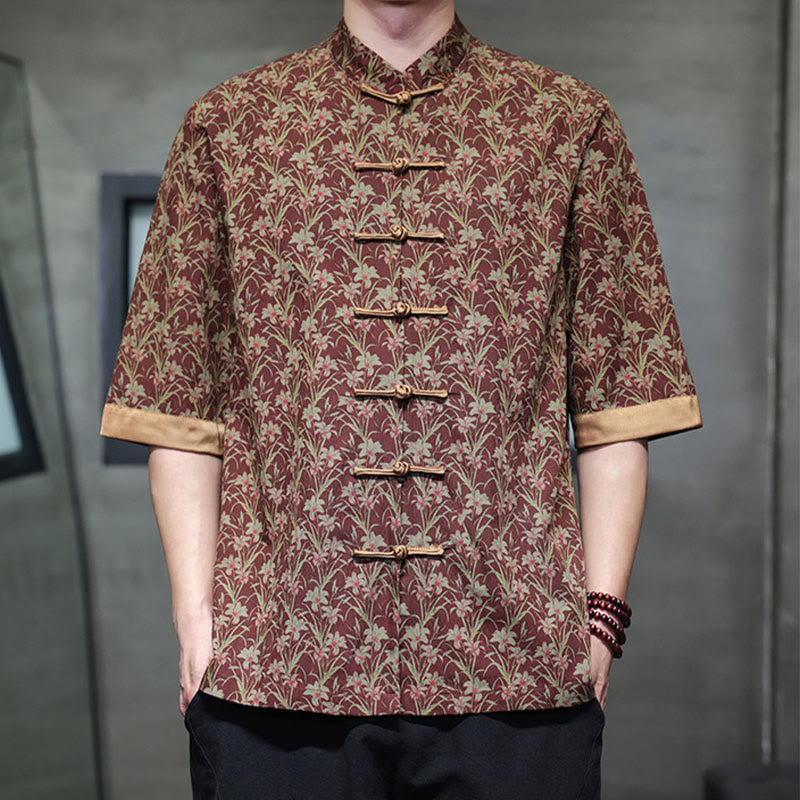 Nimara Ritual Summer Colorful Floral Leaves Pattern Short Sleeve Frog-button Design Men's Cotton Shirt