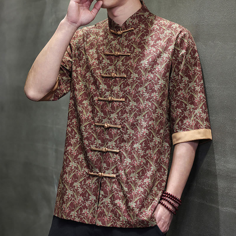 Nimara Ritual Summer Colorful Floral Leaves Pattern Short Sleeve Frog-button Design Men's Cotton Shirt