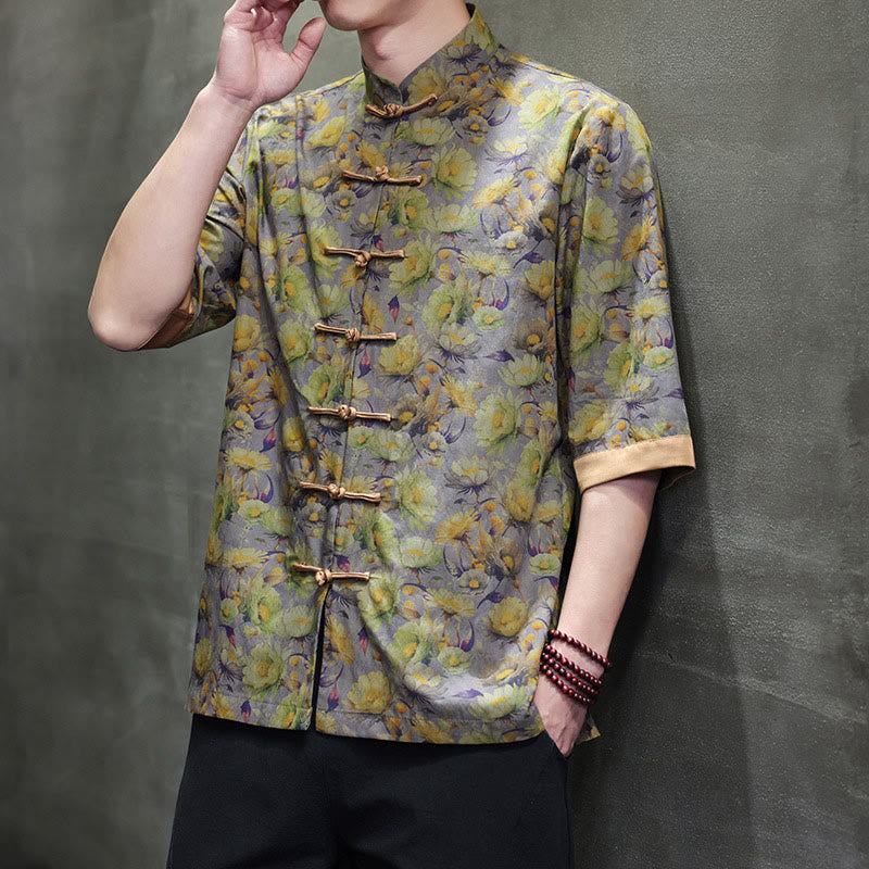 Nimara Ritual Summer Colorful Floral Leaves Pattern Short Sleeve Frog-button Design Men's Cotton Shirt