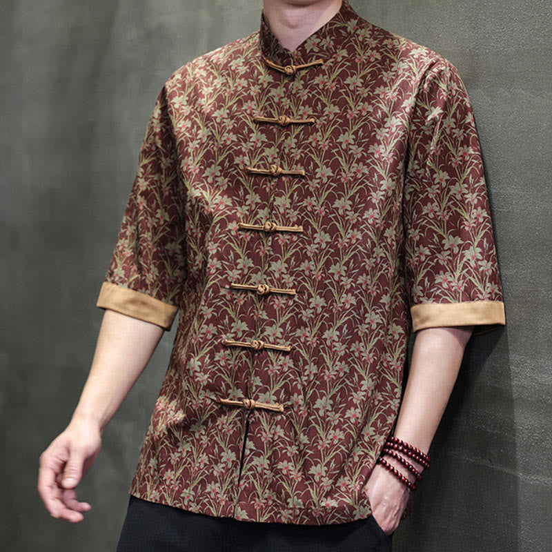 Nimara Ritual Summer Colorful Floral Leaves Pattern Short Sleeve Frog-button Design Men's Cotton Shirt