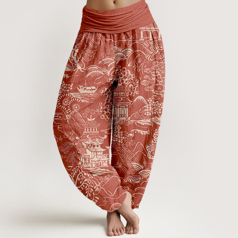Nimara Ritual Cotton Exquisite Tree Building Cloud Pattern Women's Elastic Waist Harem Pants