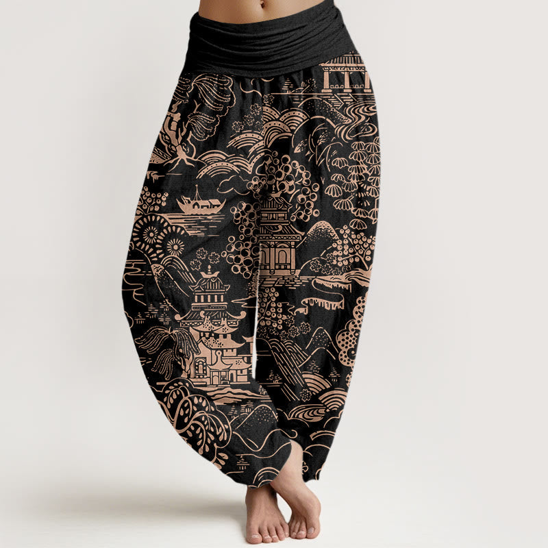 Nimara Ritual Cotton Exquisite Tree Building Cloud Pattern Women's Elastic Waist Harem Pants