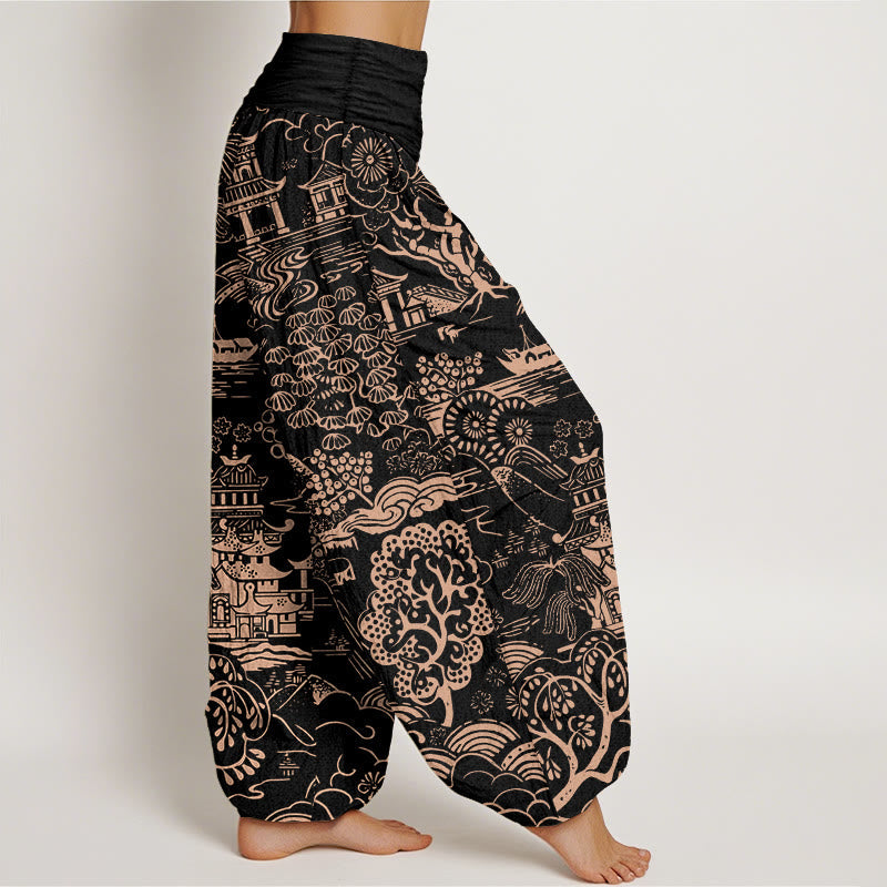 Nimara Ritual Cotton Exquisite Tree Building Cloud Pattern Women's Elastic Waist Harem Pants
