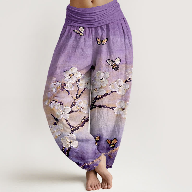 Nimara Ritual Cotton Colourful Flower Butterfly Bee Pattern Women's Elastic Waist Harem Pants