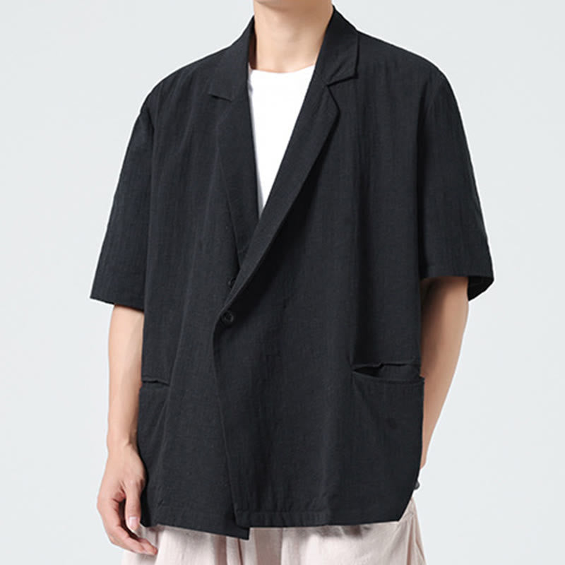 Nimara Ritual Spring Plain Asymmetrical Lapel Collar Short Sleeve Men's Cotton Linen Shirt With Pockets