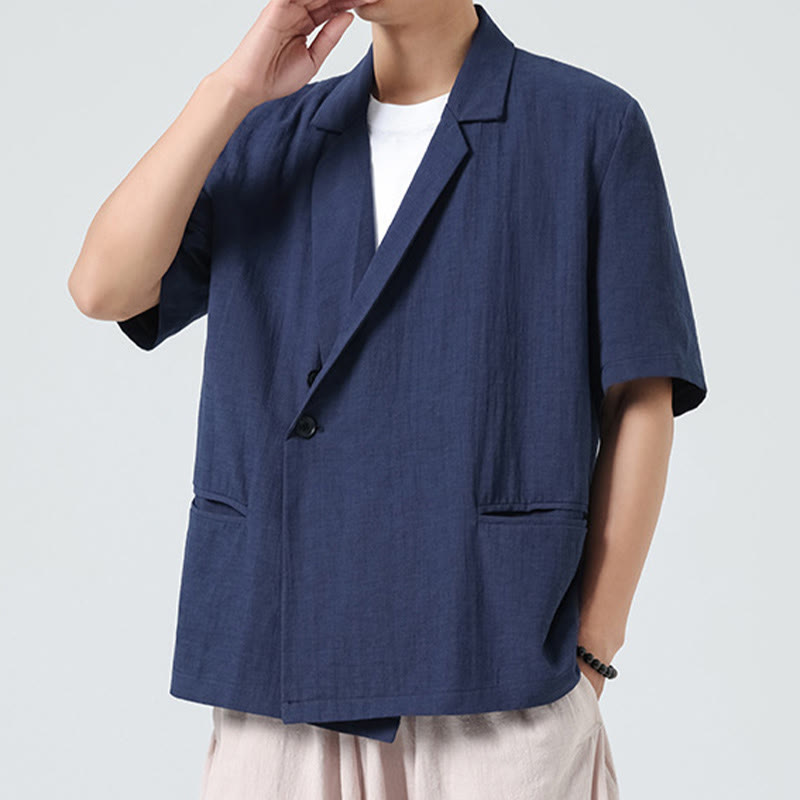 Nimara Ritual Spring Plain Asymmetrical Lapel Collar Short Sleeve Men's Cotton Linen Shirt With Pockets