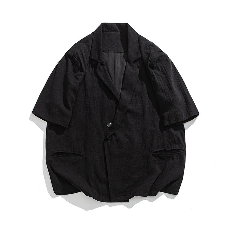Nimara Ritual Spring Plain Asymmetrical Lapel Collar Short Sleeve Men's Cotton Linen Shirt With Pockets