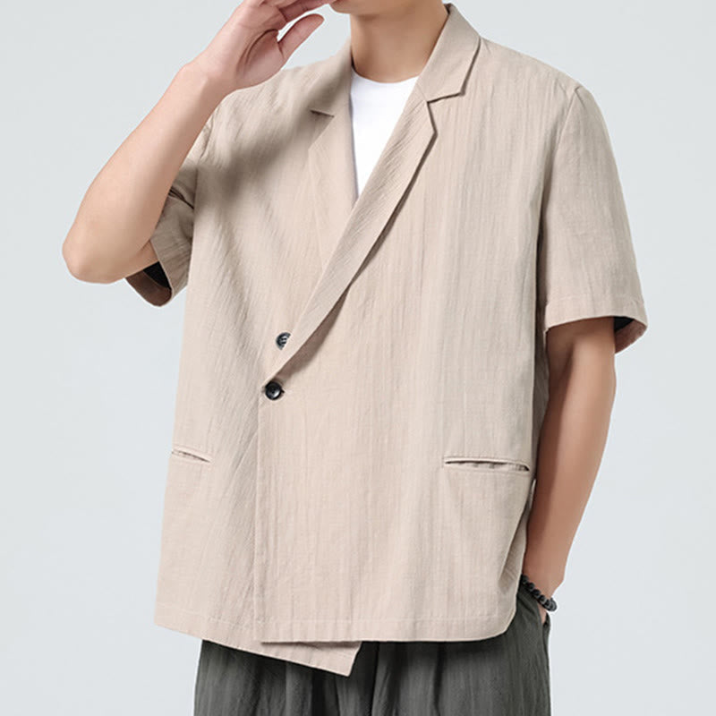 Nimara Ritual Spring Plain Asymmetrical Lapel Collar Short Sleeve Men's Cotton Linen Shirt With Pockets