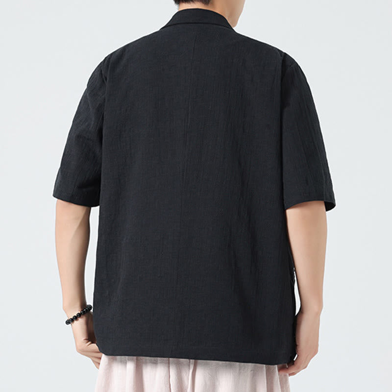 Nimara Ritual Spring Plain Asymmetrical Lapel Collar Short Sleeve Men's Cotton Linen Shirt With Pockets