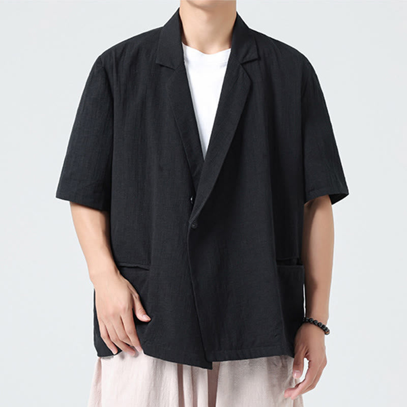Nimara Ritual Spring Plain Asymmetrical Lapel Collar Short Sleeve Men's Cotton Linen Shirt With Pockets