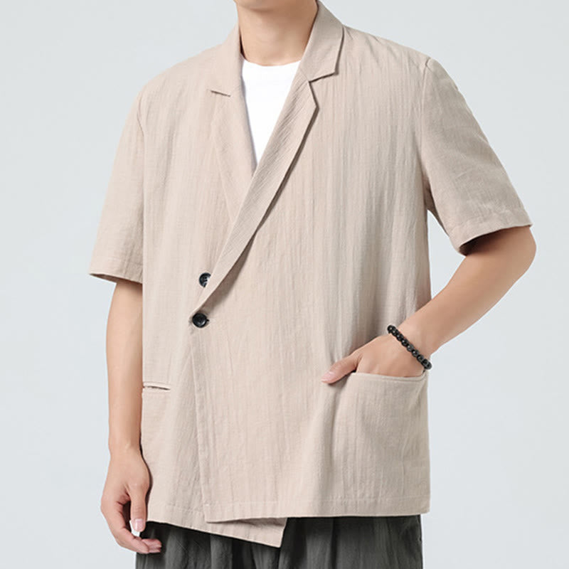 Nimara Ritual Spring Plain Asymmetrical Lapel Collar Short Sleeve Men's Cotton Linen Shirt With Pockets