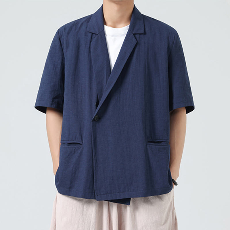 Nimara Ritual Spring Plain Asymmetrical Lapel Collar Short Sleeve Men's Cotton Linen Shirt With Pockets