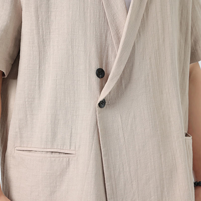 Nimara Ritual Spring Plain Asymmetrical Lapel Collar Short Sleeve Men's Cotton Linen Shirt With Pockets