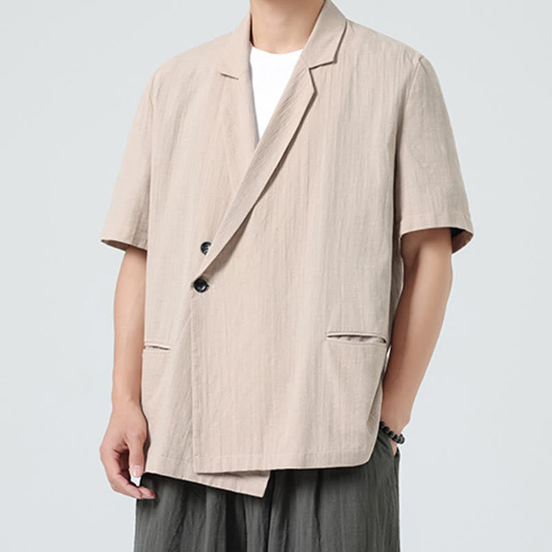 Nimara Ritual Spring Plain Asymmetrical Lapel Collar Short Sleeve Men's Cotton Linen Shirt With Pockets