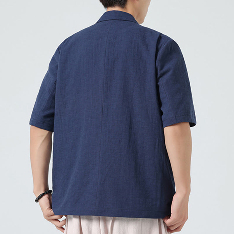 Nimara Ritual Spring Plain Asymmetrical Lapel Collar Short Sleeve Men's Cotton Linen Shirt With Pockets
