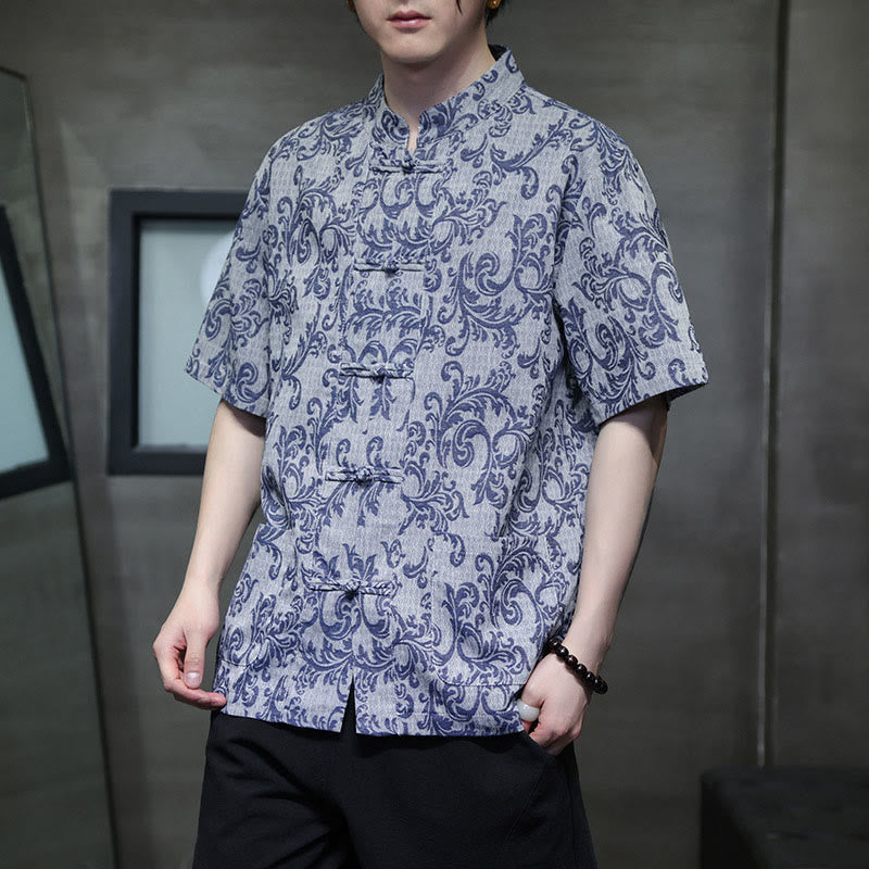 Nimara Ritual Summer Floral Vine Pattern Tang Suit Men's Frog-Button Short Sleeve Shirt With Pockets