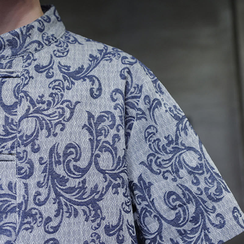 Nimara Ritual Summer Floral Vine Pattern Tang Suit Men's Frog-Button Short Sleeve Shirt With Pockets