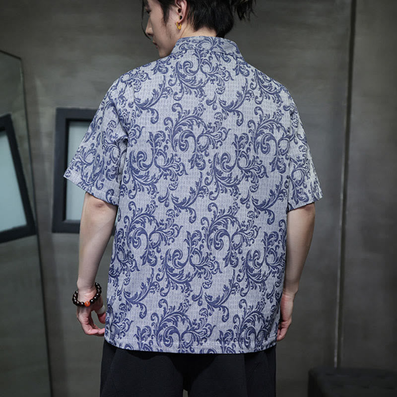 Nimara Ritual Summer Floral Vine Pattern Tang Suit Men's Frog-Button Short Sleeve Shirt With Pockets