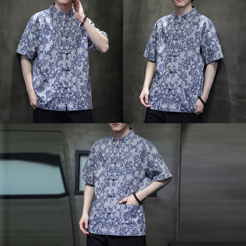 Nimara Ritual Summer Floral Vine Pattern Tang Suit Men's Frog-Button Short Sleeve Shirt With Pockets