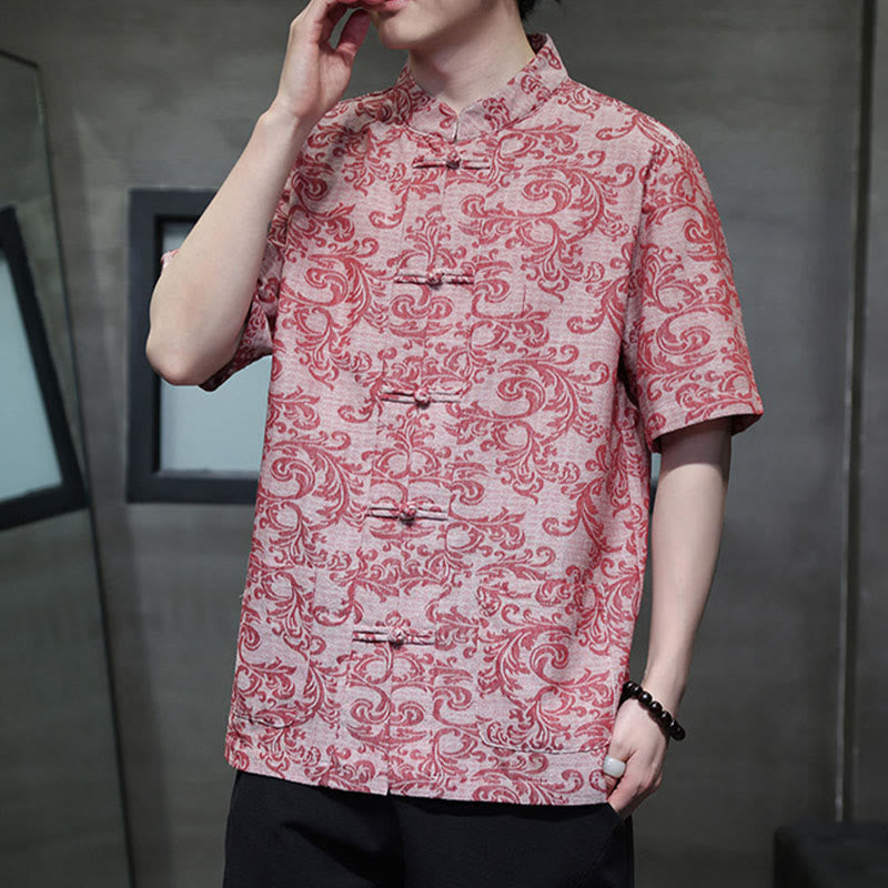 Nimara Ritual Summer Floral Vine Pattern Tang Suit Men's Frog-Button Short Sleeve Shirt With Pockets