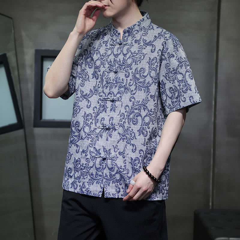 Nimara Ritual Summer Floral Vine Pattern Tang Suit Men's Frog-Button Short Sleeve Shirt With Pockets