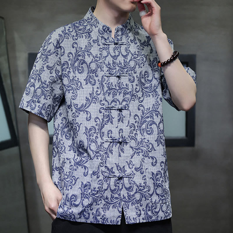 Nimara Ritual Summer Floral Vine Pattern Tang Suit Men's Frog-Button Short Sleeve Shirt With Pockets