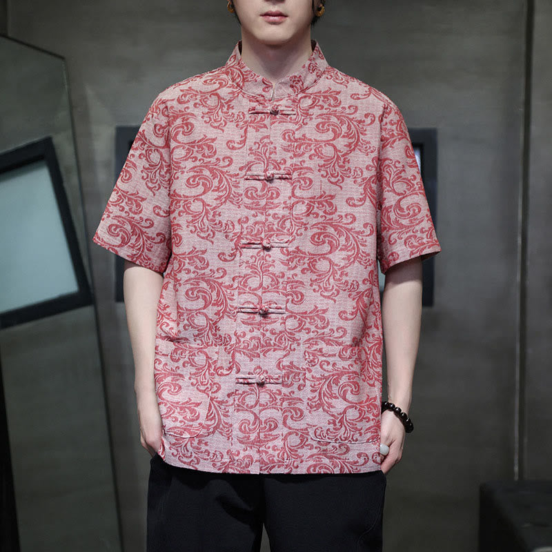 Nimara Ritual Summer Floral Vine Pattern Tang Suit Men's Frog-Button Short Sleeve Shirt With Pockets