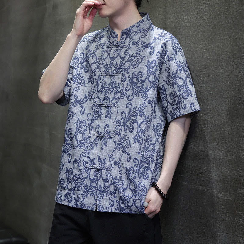Nimara Ritual Summer Floral Vine Pattern Tang Suit Men's Frog-Button Short Sleeve Shirt With Pockets
