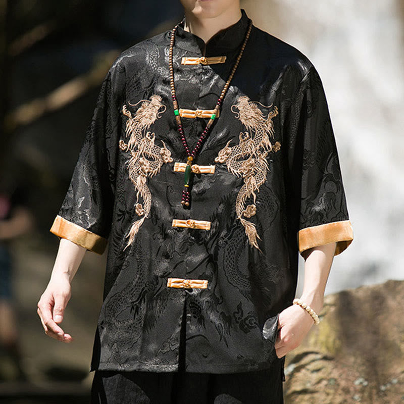 Nimara Ritual Embroidered Dragon Pattern Colorblock Design Tang Suit Men's Frog-Button Half Sleeve Shirt