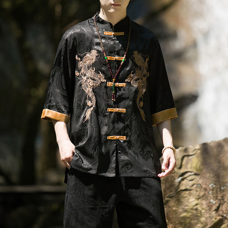 Nimara Ritual Embroidered Dragon Pattern Colorblock Design Tang Suit Men's Frog-Button Half Sleeve Shirt