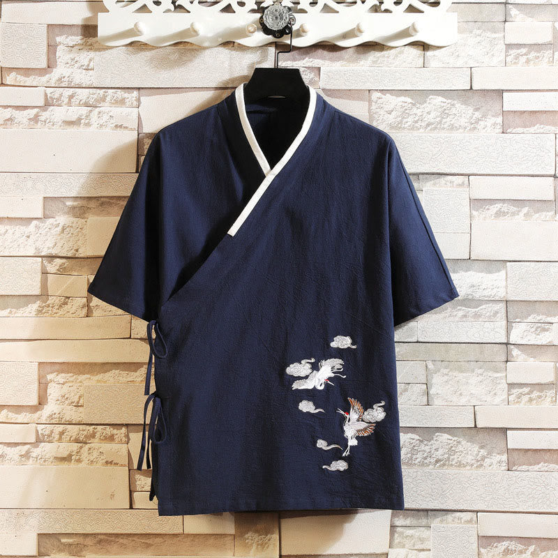 Nimara Ritual Embroidered Crane Auspicious Cloud Pattern Open Front Short Sleeve Jacket Men's Cotton Kimono