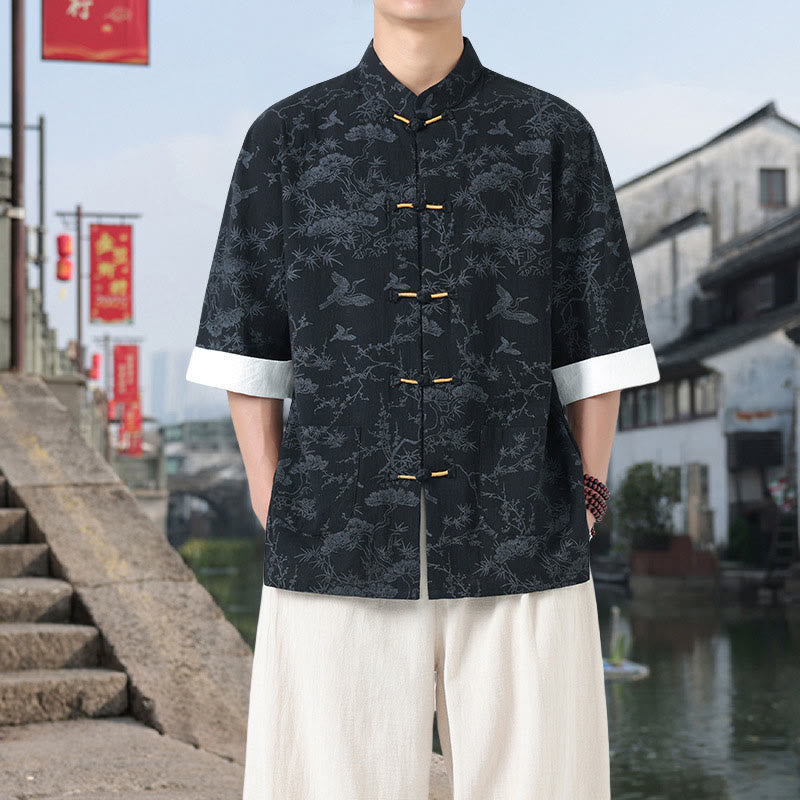 Nimara Ritual Summer Crane Pine Tree Pattern Tang Suit Men's Frog-Button Half Sleeve Cotton Shirt With Pockets