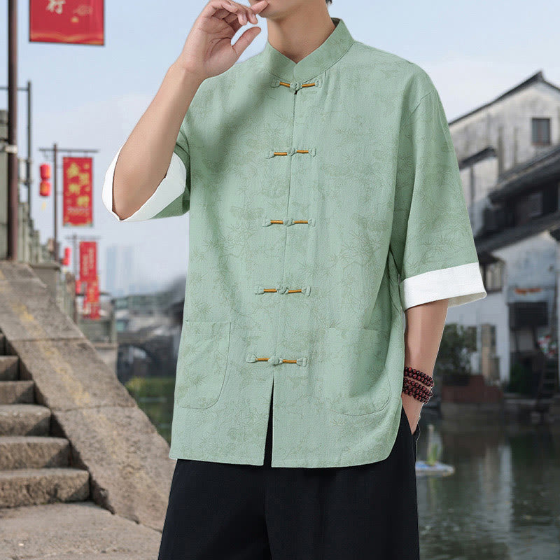 Nimara Ritual Summer Crane Pine Tree Pattern Tang Suit Men's Frog-Button Half Sleeve Cotton Shirt With Pockets