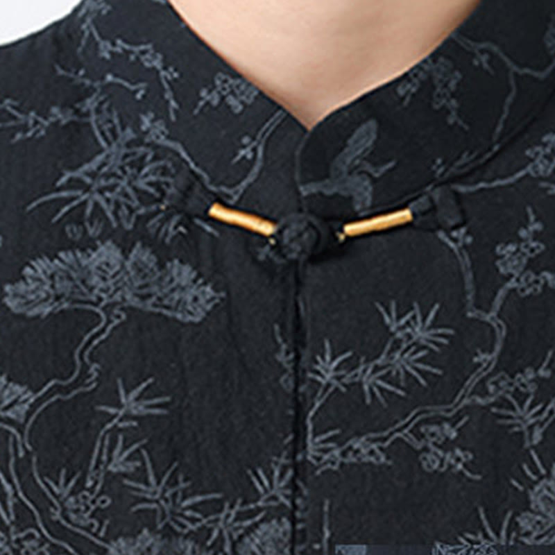 Nimara Ritual Summer Crane Pine Tree Pattern Tang Suit Men's Frog-Button Half Sleeve Cotton Shirt With Pockets