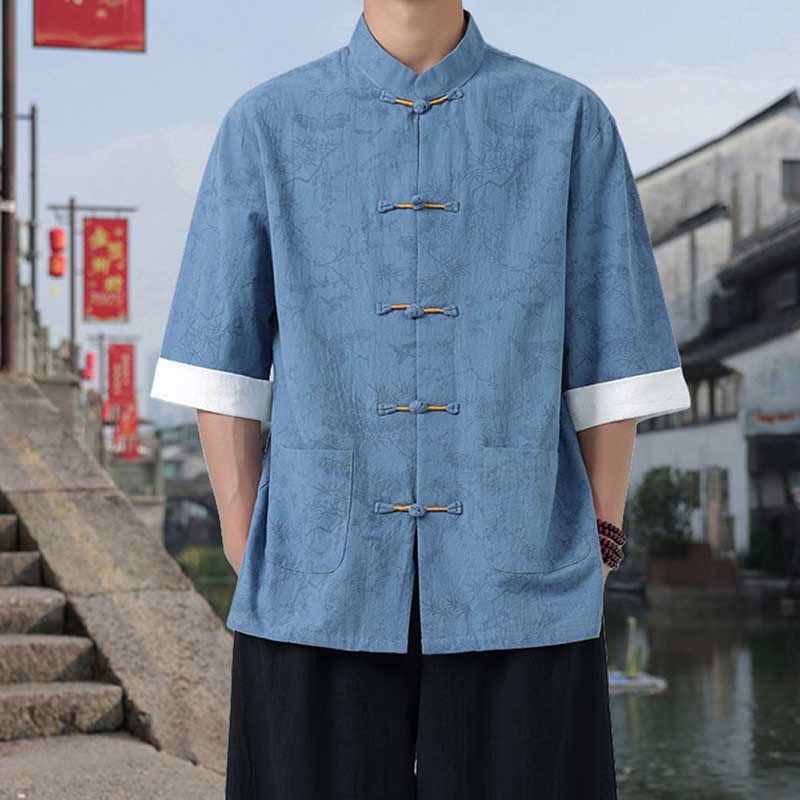 Nimara Ritual Summer Crane Pine Tree Pattern Tang Suit Men's Frog-Button Half Sleeve Cotton Shirt With Pockets