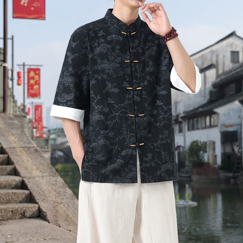Nimara Ritual Summer Crane Pine Tree Pattern Tang Suit Men's Frog-Button Half Sleeve Cotton Shirt With Pockets