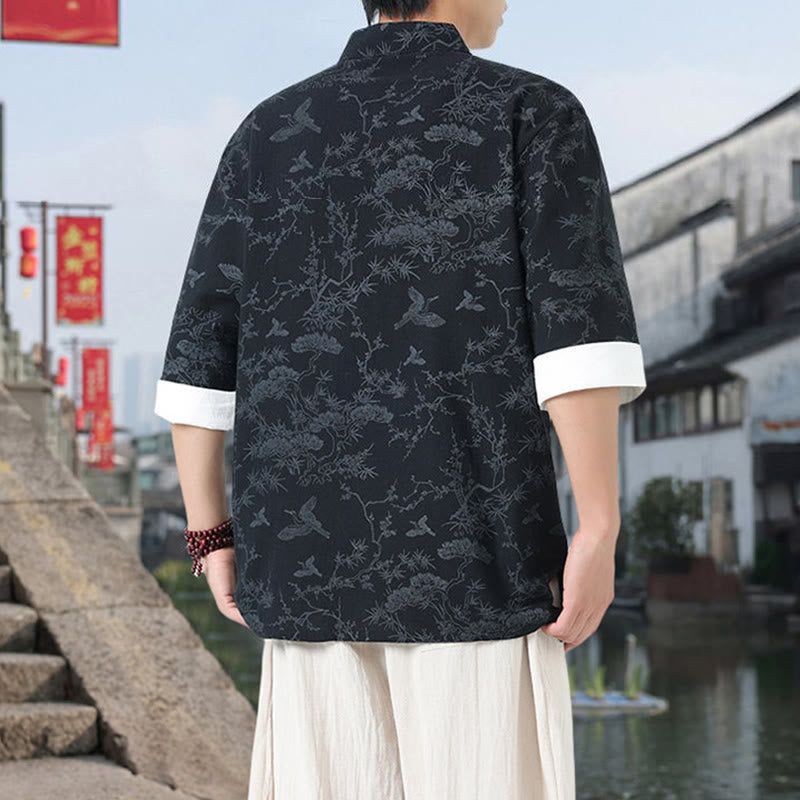 Nimara Ritual Summer Crane Pine Tree Pattern Tang Suit Men's Frog-Button Half Sleeve Cotton Shirt With Pockets